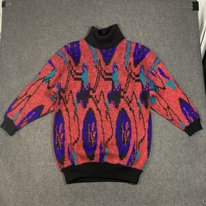 Vintage Sweater Womens Medium Red Turtleneck Graphic Pattern Retro Colorful 90s